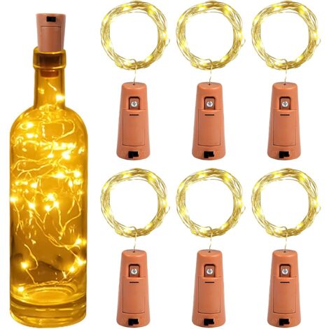 LED-Flaschengirlande, 2 m, 20 LEDs, Flaschenlicht, LED-Flaschendeckel-Licht, wasserdicht, flexible Silberdraht-Dekoration für Party, Hochzeit (6 Stück, warmweiß) [Energieklasse A++]