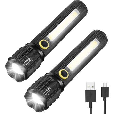 LED Flashlight, 2 Pack Flashlights, Bright Adjustable and Zoomable Flashlights, Emergency Rechargeable LED Flashlight, 14cm