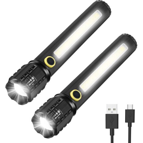 LED Flashlight, 2 Pack Flashlights, Bright Adjustable and Zoomable Flashlights, Emergency Rechargeable LED Flashlight, 16cm