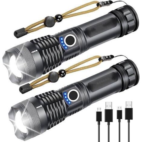 LED Flashlight Torch 2 Pack, XHP50 USB Rechargeable Torch IPX4 Waterproof, 5 Lighting Modes, Telescopic Zoom Flashlight for Camping, Hiking, Emergency [Energy Class A+++]