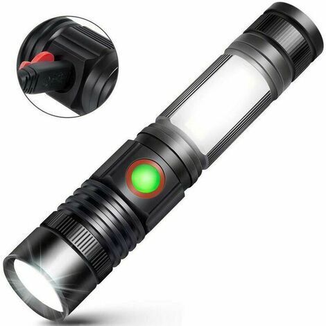 LED Flashlight Torch USB Rechargeable Powerful Military COB Lamp Portable Zoomable Torch for Car Garage Workshop Camping Schooling