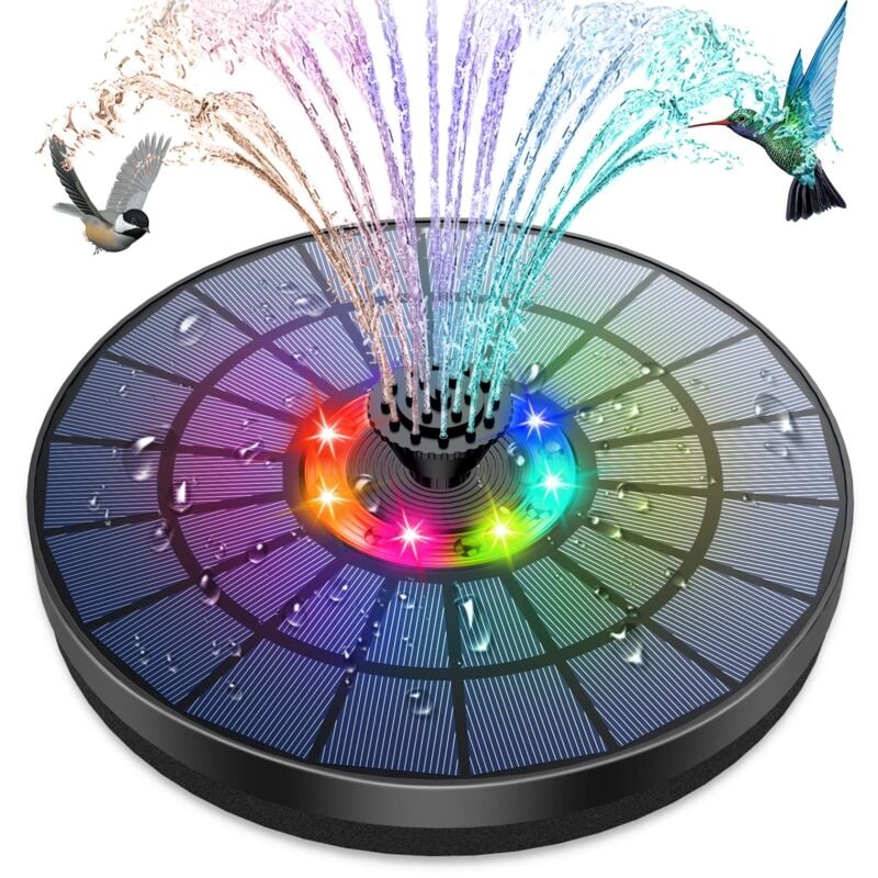 Aougo - led Fontaine Solaire Extérieur 5.5W avec Lumières Colorées led et Batterie et 7 Buses Pompe Solaire Fontaine, pour Bassin Bain d'oiseaux
