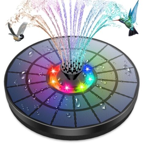 LED Fontaine Solaire Extérieur 5.5W avec Lumières Colorées LED et Batterie et 7 Buses Pompe Solaire Fontaine, pour Bassin Bain d'oiseaux Jardin