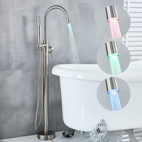 SUGUWORD LED Freistehende Badewannen-Armatur mit einem Griff, Bodenmontage, Badezimmer-Armatur mit Handbrause,Gebürstetes Nickel