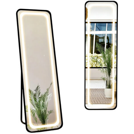 LED Ganzkörperspiegel 150×45 cm mit stufenlos dimmbarer Beleuchtung & 3 Lichtfarben, Touch‑Schalter, Schwarzer Aluminiumrahmen, Stand‑ oder Wandmontage, Moderner Spiegel für Flur, Schlafzimmer & Ankle