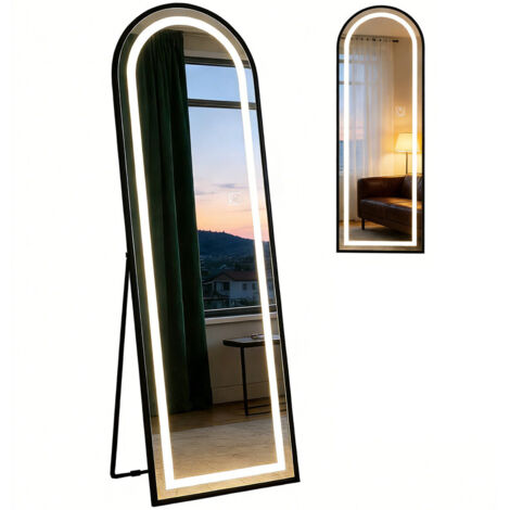 LED Ganzkörperspiegel mit Aluminiumrahmen, Dimmbarer Beleuchtung und Ovale Form 150×45 cm, Stand‑ oder Wandspiegel, Modernes Design für Flur, Schlafzimmer und Ankleide – Robuste Verarbeitung