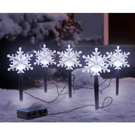 LED Garten Stecker 5 Schneeflocken - 21 cm - Outdoor Weihnachts Deko kalt weiß mit Timer Batterie betrieben