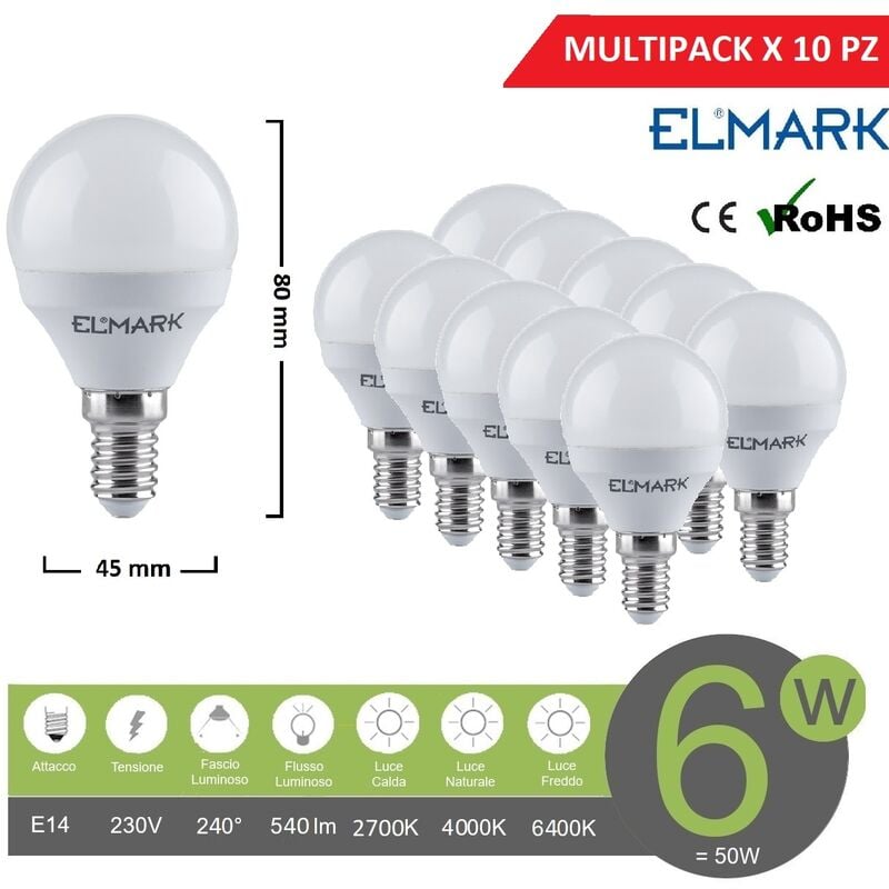 Image of Promopack x 10 pz lampadina led globo G45 E14 6w attacco piccolo sfera bianco basso consumo luce fredda naturale calda Naturale 4000k