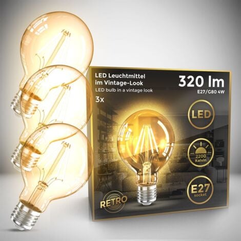 LED Glühbirne E27 3er - 4W, 360lm, G80, Edison, 2200K, bernstein