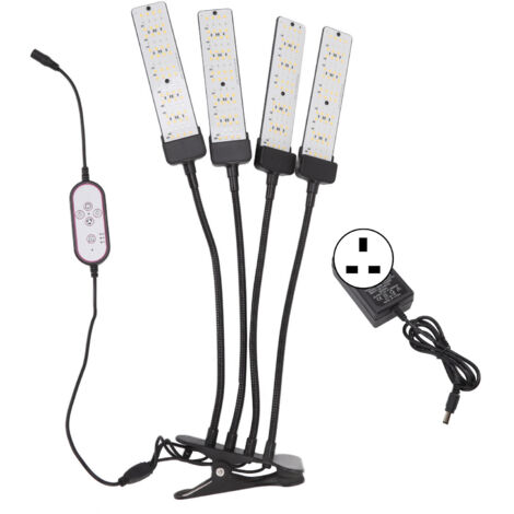 LED Grow Light 4 Head Flexible Full Spectrum Lighting 5 Gear Dimming Clip Plant Growing Lamp with Timing 100‑240V UK Plug
