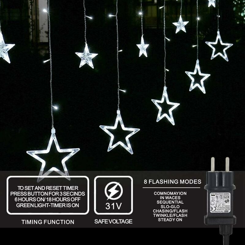 Led guirlandes lumineuses 12 étoiles, rideau lumineux lumières de Noël rideau étoilé 138 led 8 modes pour intérieur extérieur extérieur décoration de
