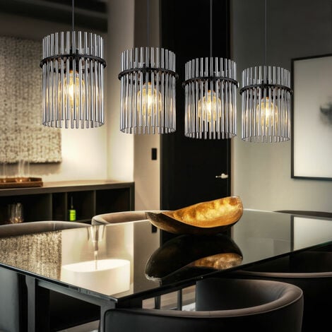 LED Hängeleuchte Pendellampe schwarz Esstischleuchte 4 flammig Rauchglas, Metall schwarz, 4x E27 Filament LED warmweiß, LxBxH 110x20x140 cm