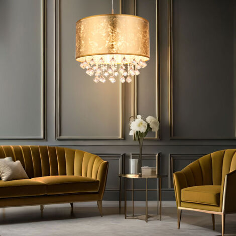 GLOBO LIGHTING Hängeleuchte Textil gold Pendelleuchte Kristalle klar Esszimmer Wohnzimmerlampe Pendel, Blattgold Optik, 1x E27, DxH 40 x 140 cm