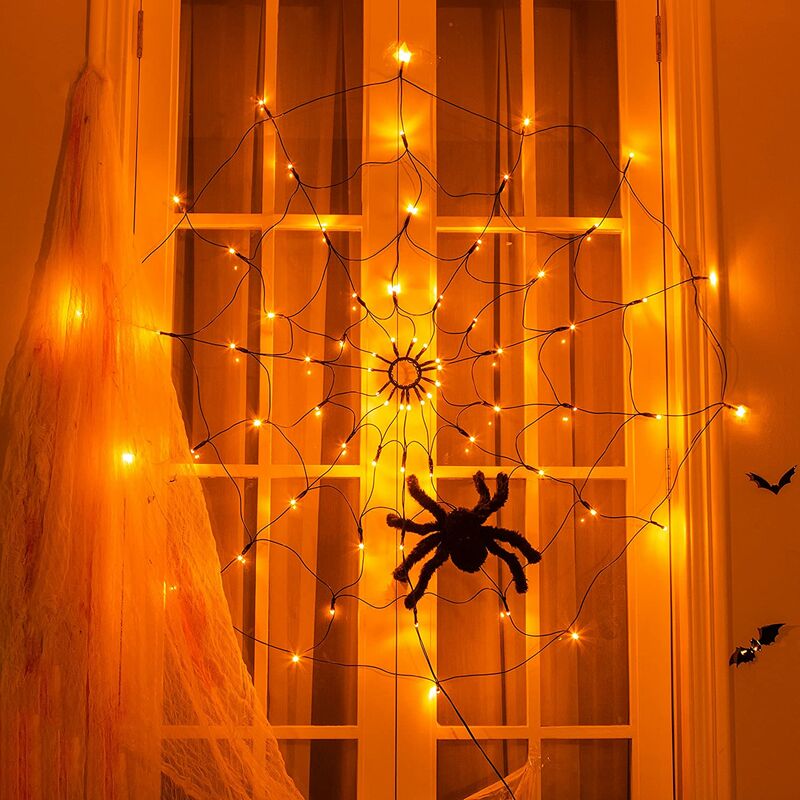 LED Halloween Black Spider Web Light with 70 LED Waterproof Orange Net Lights and 1 Black Spider for House Yard Garden Indoor and Outdoor Scary