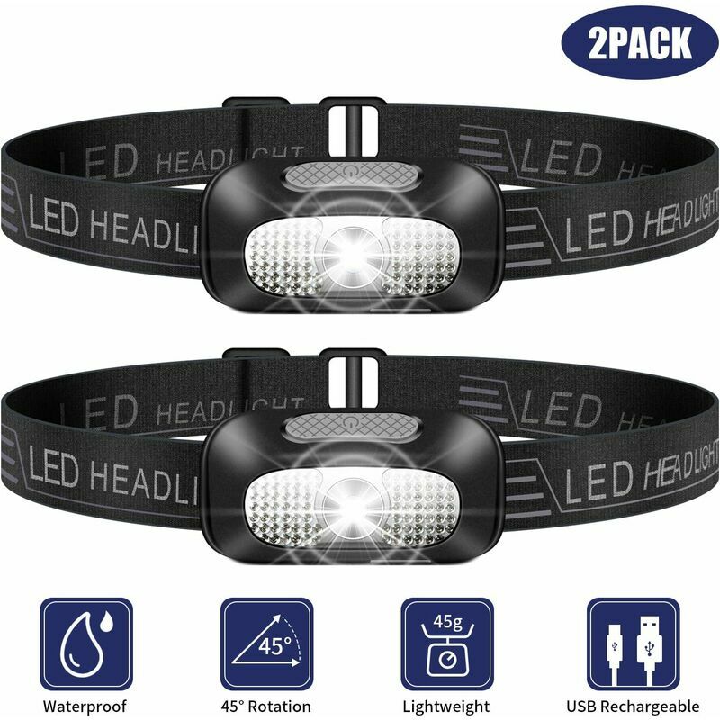 Hoopzi - led Headlamp, 2 Piece Lightweight Headlamp, Super Bright usb Rechargeable Waterproof Headlamp for Camping, Fishing, Running, Jogging,