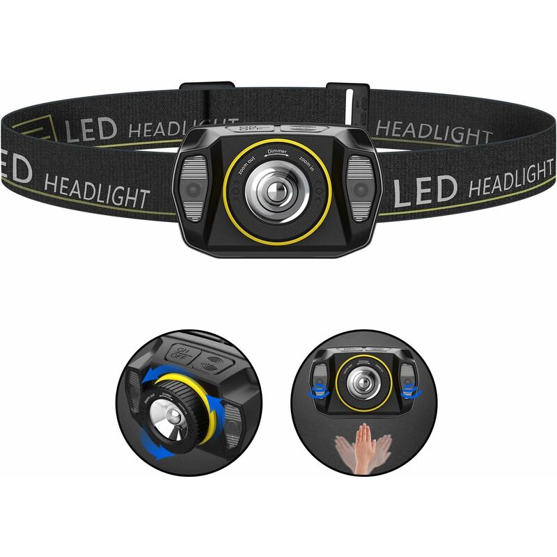 

Linterna frontal LED, sensor de luz con zoom, linterna frontal recargable USB, potentes linternas frontales impermeables para acampar, andar en