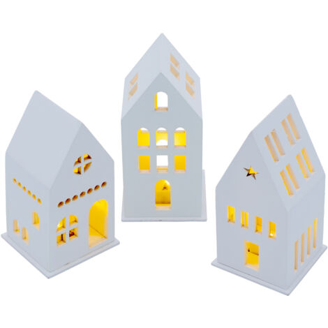 LED Holz Haus weiß Batterie betrieben 13 cm - 3er Set - Deko Weihnachtsdorf mit Beleuchtung in warm weiß - Weihnachts Tisch Deko Aufsteller Winter Haus