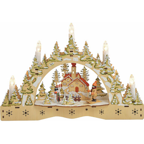 LED Holz Schwibbogen "Winterlandschaft" - 35 cm - Weihnachts Dorf Szene mit 5 LED Kerzen beleuchtet