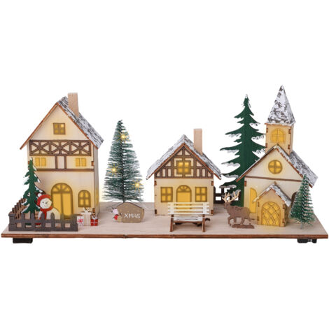 LED Holz Weihnachts Dorf Szene - 34 x 16 cm - Tischdeko Winterstadt beleuchtet -  Weihnachtsszene Tischdekoration Weihnachtsdeko beleuchtet