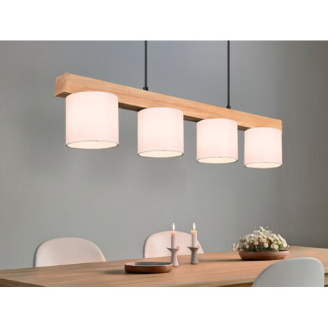 LED Holzbalken Pendelleuchte 4-flammig, Stoff Lampenschirme Weiß, B: 75cm