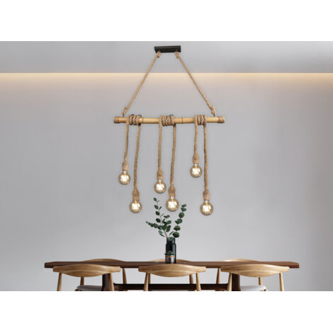 LED Holzbalken Pendelleuchte 6-flammig mit Bambusrohr & Tau, Breite 100cm