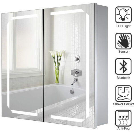 main image of "LED Illuminated Bathroom Mirror Cabinet with Lights Shaver Socket Bluetooth Touch Sensor Demister Pad 650x600MM"