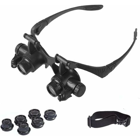 LED Illuminated Watch Repair Magnifier Double Eyes Jewelry Magnifying Loupe Head-Worn Visor Glasses with 4 Lenses 10X 15X 20X 25X (Higher Lense)
