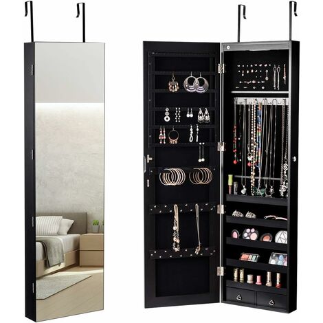 LED Iluminación Armario con Espejo para Joyas Espejo Joyero Montado en Pared Negro