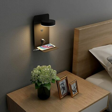 LED-Innenwandleuchte mit Schalter und USB-Ladeanschluss und Ablage, moderne 330 drehbare Bettlampe, dimmbares Leselicht mit 3 Modi, Schlafzimmer-Wohnzimmer-Wandleuchte, schwarz