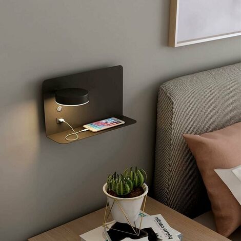 LED-Innenwandleuchte mit Schalter und USB-Ladeanschluss und Ablage, moderne 330 drehbare Bettlampe, dimmbares Leselicht mit 3 Modi, Schlafzimmer-Wohnzimmer-Wandleuchte, schwarz groß