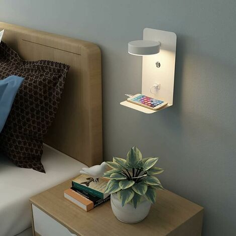 LED-Innenwandleuchte mit Schalter und USB-Ladeanschluss und Regal, moderne 330 drehbare Bettlampe, dimmbares Leselicht mit 3 Modi, Schlafzimmer-Wohnzimmer-Wandleuchte, weiß