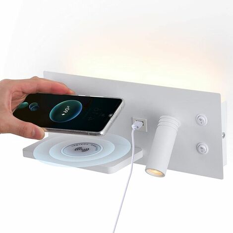LED-Innenwandleuchte mit Schalter, USB-Ladeanschluss und kabellosem Qi-Ladegerät, 3 W dimmbar und Hintergrundbeleuchtung, Nachttischlampe zum Lesen, Hotel, Schlafzimmer, Nachtlicht BG