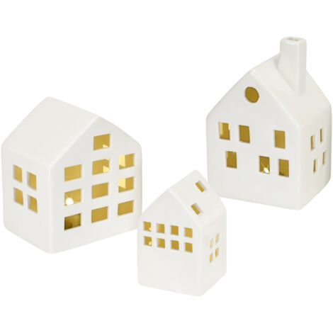 LED Keramik Haus weiß - 3er Set - Deko Weihnachtsdorf Batterie betrieben mit Beleuchtung in warm weiß - Weihnachts Tisch Deko Aufsteller Winter Haus
