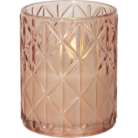 LED Kerze ,Flamme Romb', Windlicht, Batterie + Timer, flackernd, rosa Glas, H 12,5cm