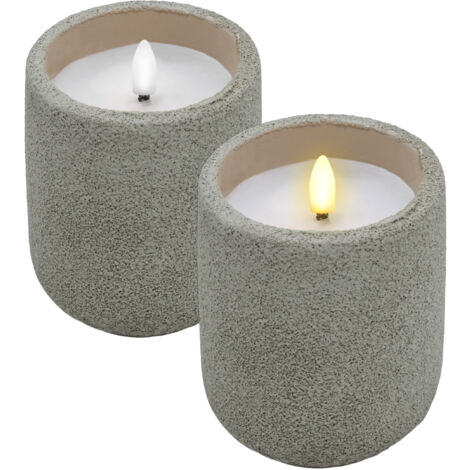LED Kerze im Keramik Becher mit Beton Optik 10 x 9 cm - 2er Set - Dekokerze Batterie betrieben mit Timer Funktion