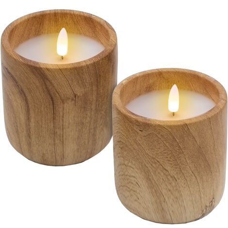 LED Kerze im Keramik Becher mit Holz Optik 10 x 9 cm - 2er Set - Dekokerze Batterie betrieben mit Timer Funktion - Deko Stimmungslicht künstliche Flamme mit Flacker Effekt für Innen