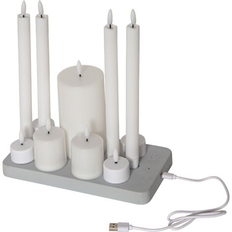 LED Kerzen Charge mit Ladestation 11er Set flackernd USB weiß