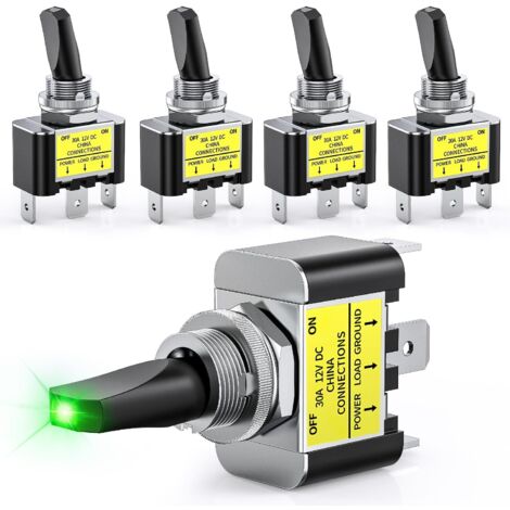 LED-Kippschalter, Ein-Aus, 12 V, 30 A, grüner LED-beleuchteter Metallschalter, strapazierfähig, SPST, 3-poliger Kippschalter, 12 mm, Befestigungsloch für Autos, LKWs, Boote, Rennwagen, 5 Stück