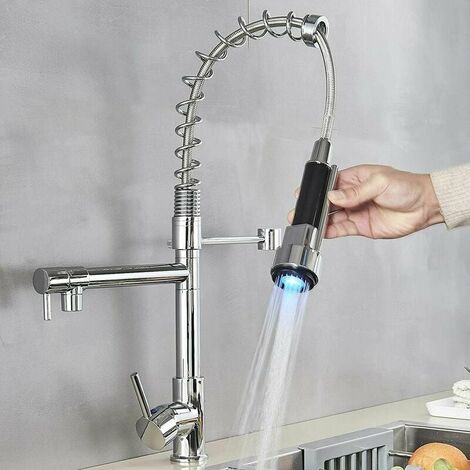 LED Kitchen Sink Mixer Tap black, Spray 360 Degree Rotation Spout, with 3 Colour Temperature Display, Black Hose Single Handle Cold and Hot Water Brass Tap