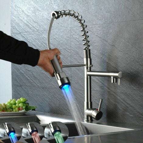 LED Kitchen Tap Black 360° Swivelling with Spiral Spring Shower Extendible High-Pressure Kitchen Sink Mixer Tap