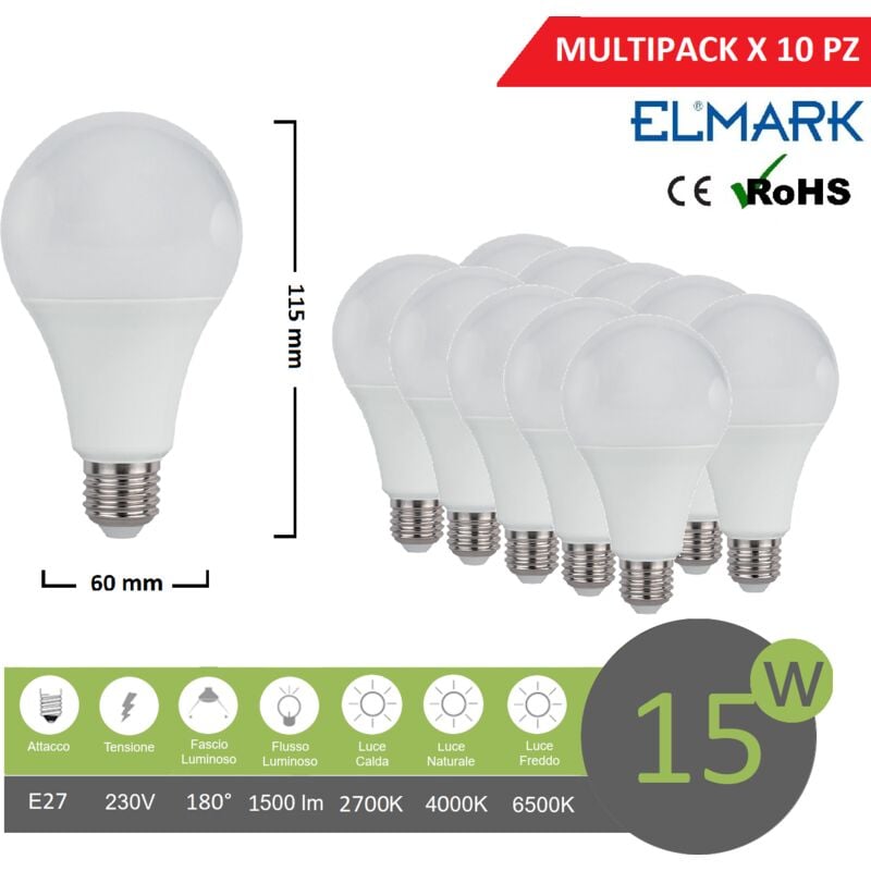 Image of Promopack x 10 pz lampadina led globo A60 E27 15w attacco grande sfera basso consumo luce fredda naturale calda Naturale 4000k