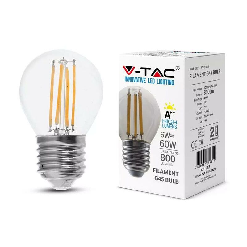 Led lampadina 6W filamento E27 G45 trasparente