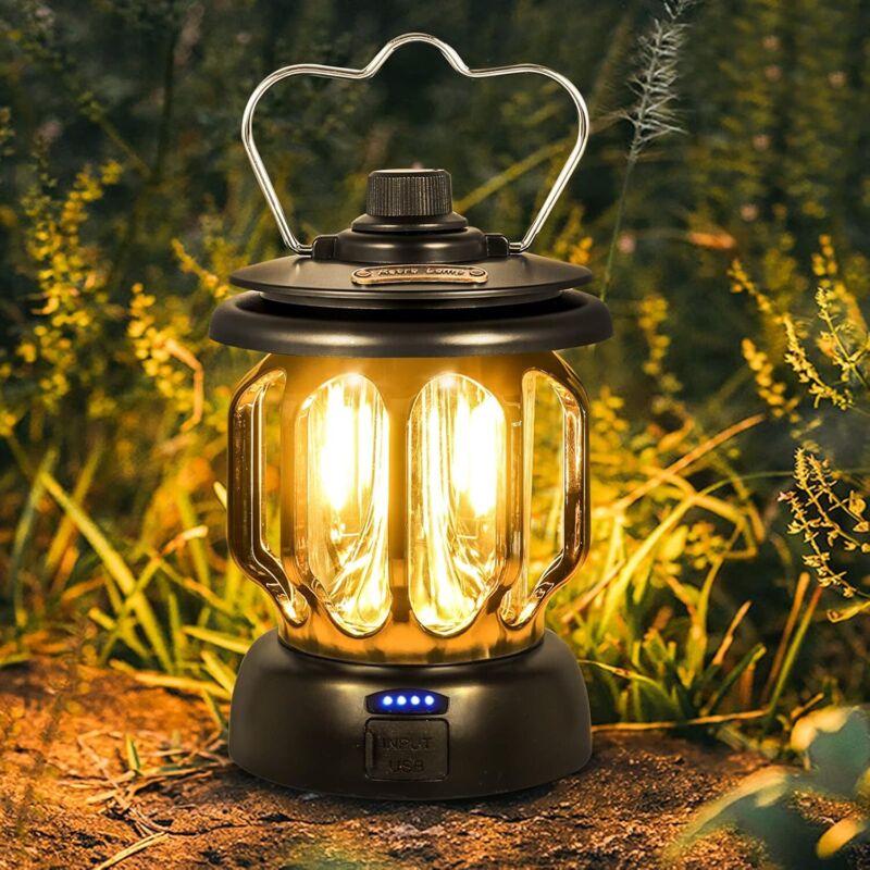LED Lampe Camping Rechargeable USB Vintage Dimmable Lumière Chaude et Blanche 5200mAh Power Bank