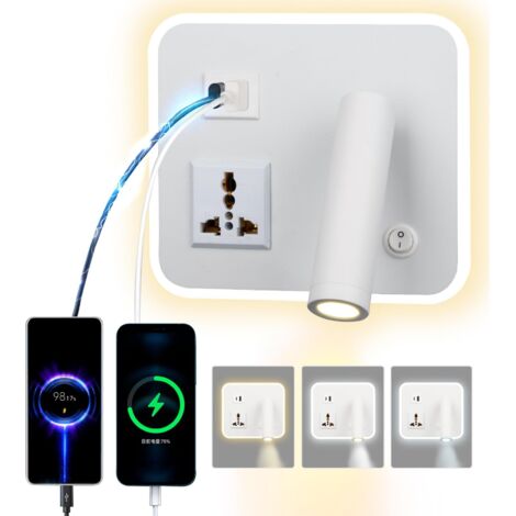 LED lampe de lecture lampe murale avec prise universelle,USB type - C double interrupteur de port de charge réglable 12W lampe murale pivotante Gradation tricolore (Carré Blanc)