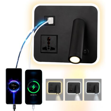 LED lampe de lecture lampe murale avec prise universelle,USB type - C double interrupteur de port de charge réglable 12W lampe murale pivotante Gradation tricolore (Carré noir)