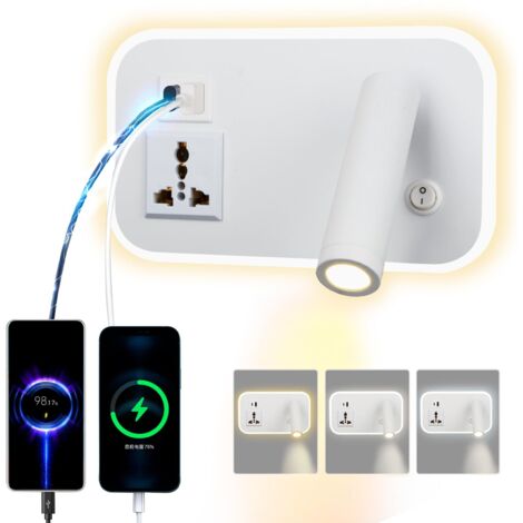 LED lampe de lecture lampe murale avec prise universelle,USB type - C double interrupteur de port de charge réglable 12W lampe murale pivotante Gradation tricolore (Rectangulaire blanc)