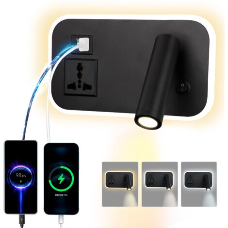 LED lampe de lecture lampe murale avec prise universelle,USB type - C double interrupteur de port de charge réglable 12W lampe murale pivotante Gradation tricolore (Rectangulaire noir)