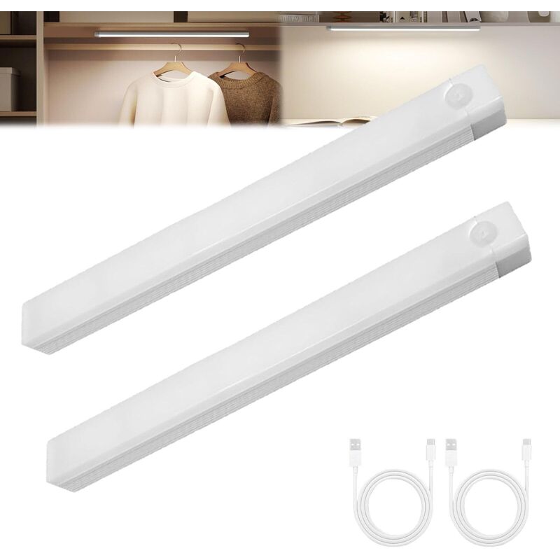 LED Lampe de Placard avec Détecteur de Mouvement 2000mAh Rechargeable USB-C, Éclairage étude de Cuisine Veilleuse Escalier Montage Magnétique (2PCS