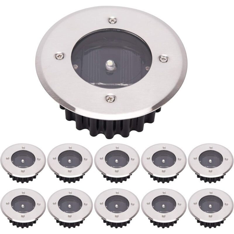Led Lampe solaire au sol 10 Pack, lumière extérieure, Réverbère Lumières, Ensevelies Lumière, étanche IP65 (Blanc Froid, Rond) [Classe énergétique a+]
