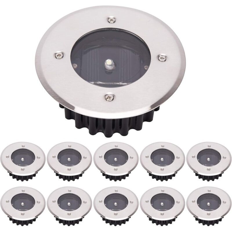 LED Lampe solaire au sol 10 Pack, lumière extérieure, Réverbère Lumières, Ensevelies Lumière, étanche IP65 (Blanc Froid, Rond) [Classe énergétique A+]